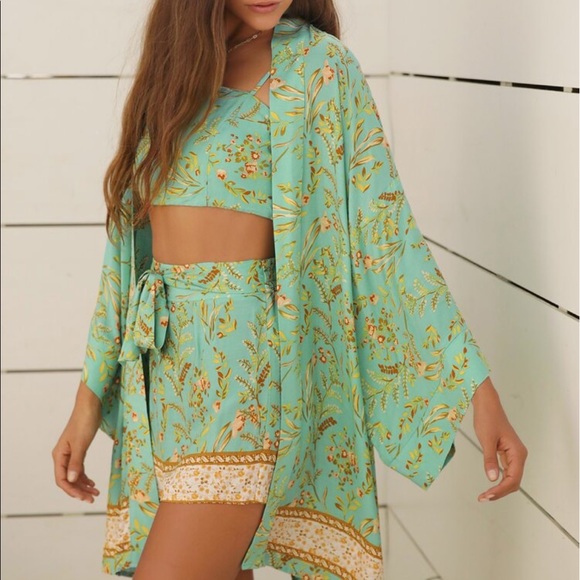 Boho Bohemian Tropical Floral Print Cami Crop Top Kimono CoverUp Shorts Set - Picture 3 of 8
